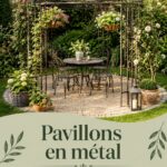 Un pavillon en métal au milieu d'un jardin fleuri, offrant une belle ombre.