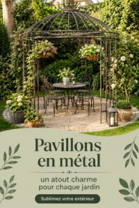 Un pavillon en métal au milieu d'un jardin fleuri, offrant une belle ombre.