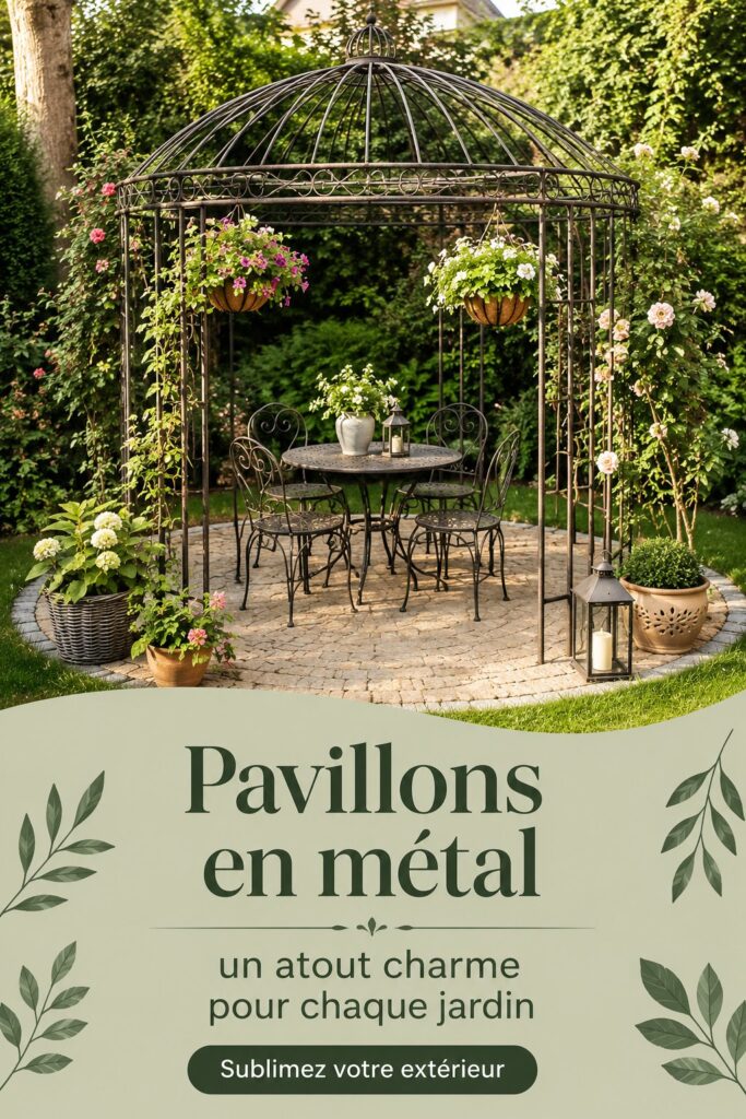 Un pavillon en métal au milieu d'un jardin fleuri, offrant une belle ombre.