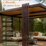 Vue d'une pergola bioclimatique en bois dans un jardin à Marseille, offrant confort et style.