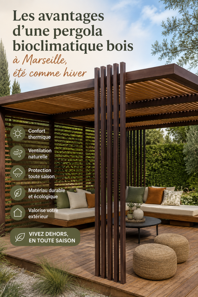 Vue d'une pergola bioclimatique en bois dans un jardin à Marseille, offrant confort et style.