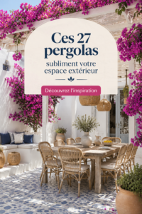 Un jardin moderne avec une élégante pergola en bois, créant un espace ombragé.
