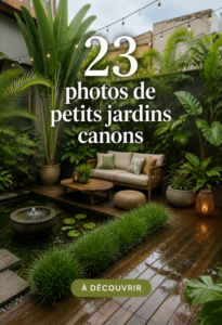 Un petit jardin bien aménagé avec des plantes colorées et des décorations harmonieuses.