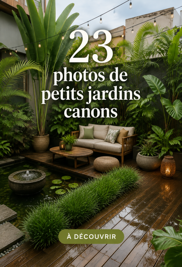 Un petit jardin bien aménagé avec des plantes colorées et des décorations harmonieuses.
