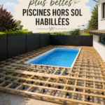 Piscine hors sol entourée de verdure en Lozère, créant un espace de détente convivial.