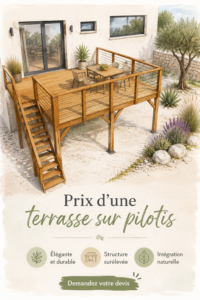 Terrasse sur pilotis en bois dans un jardin