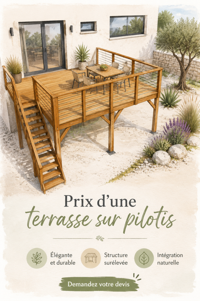 Terrasse sur pilotis en bois dans un jardin