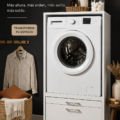 Une cuisine accueillante avec un lave-linge surélevé et bien intégré