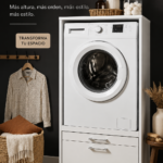 Une cuisine accueillante avec un lave-linge surélevé et bien intégré