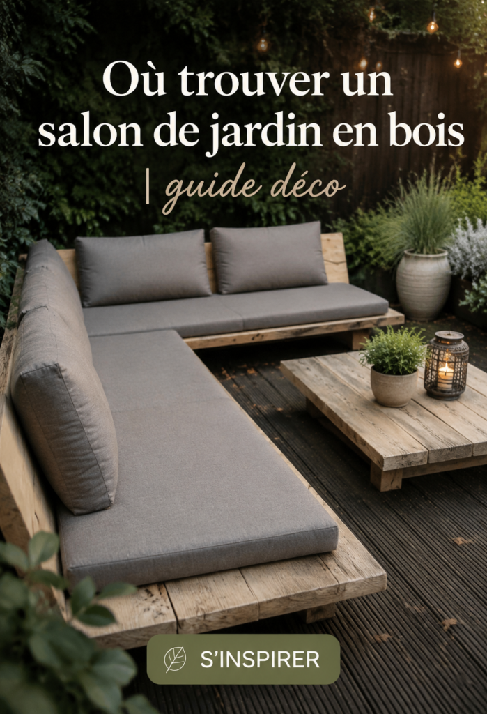 Un salon de jardin en bois élégant dans un jardin ensoleillé, créant une ambiance conviviale.