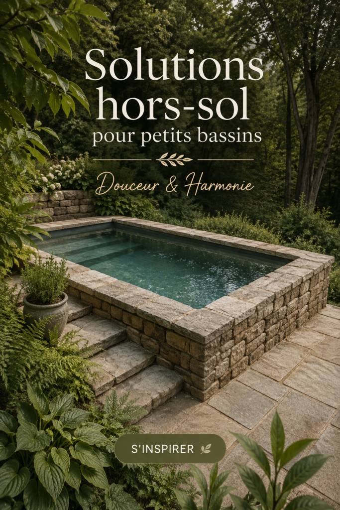 Une petite piscine aménagée avec du mobilier confortable et des plantes décoratives.
