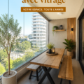 Terrasse aménagée avec des installations en verre, décorée de pots de fleurs et meuble confortable.