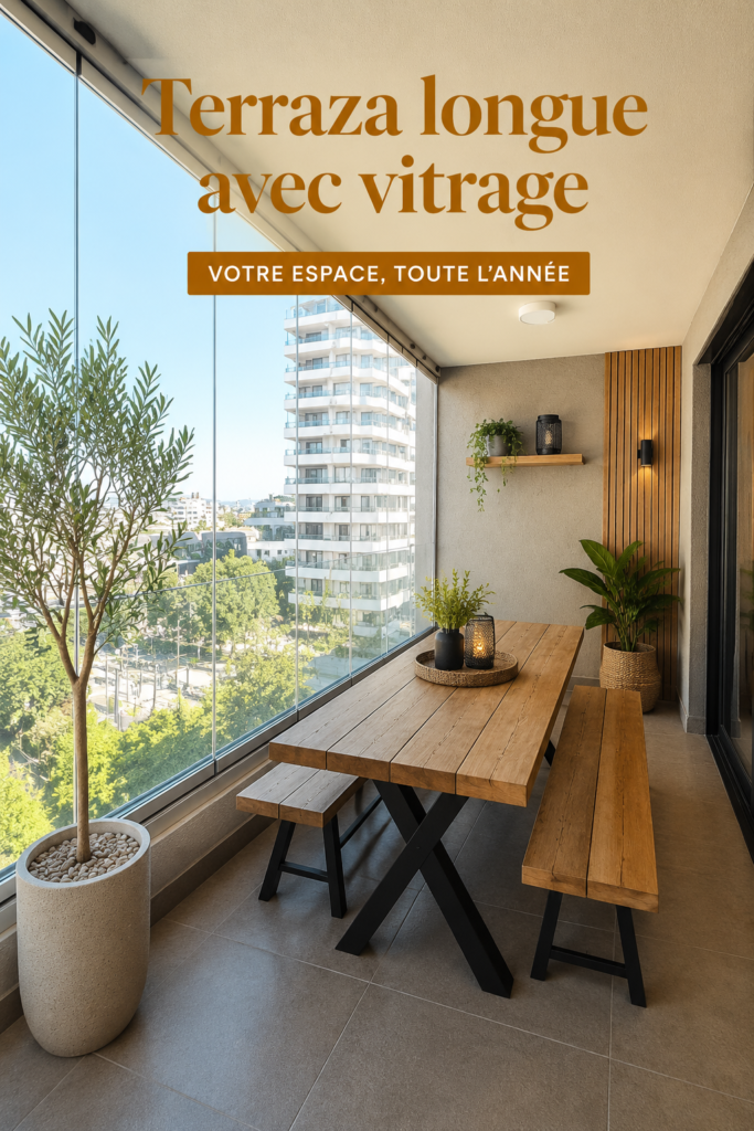 Terrasse aménagée avec des installations en verre, décorée de pots de fleurs et meuble confortable.