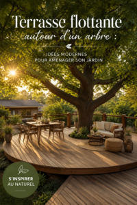 Terrasse flottante autour d'un arbre dans un jardin moderne