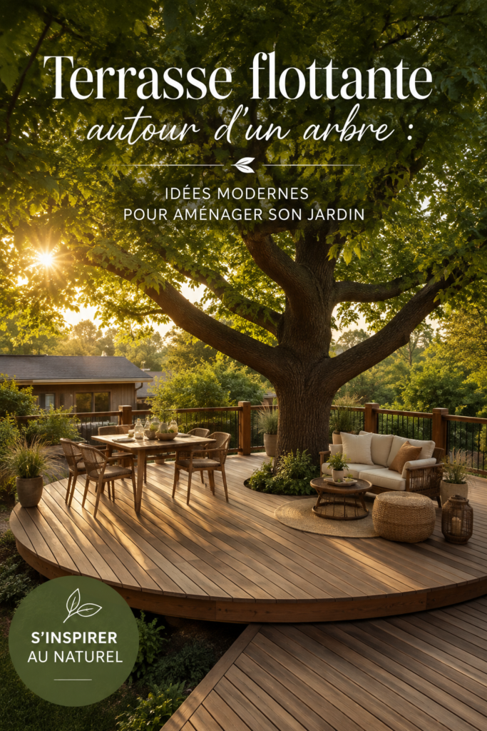Terrasse flottante autour d'un arbre dans un jardin moderne