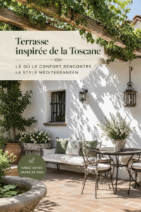 Terrasse inspirée de la Toscane avec mobilier confortable et plantes verdoyantes.