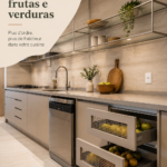 Tiroirs organisés contenant des fruits et légumes frais dans une cuisine moderne.