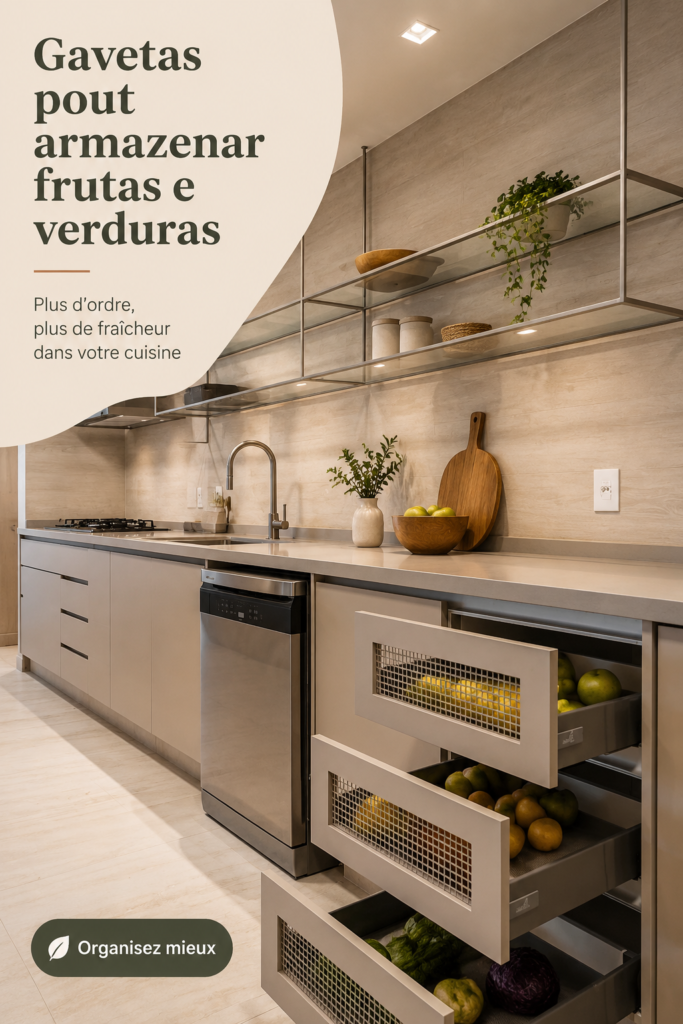 Tiroirs organisés contenant des fruits et légumes frais dans une cuisine moderne.