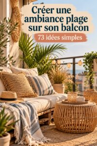 Un balcon décoré avec des coussins marins et des plantes exotiques, inspiré par une ambiance de plage.
