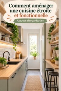Cuisine allongée bien aménagée et décorée avec style.