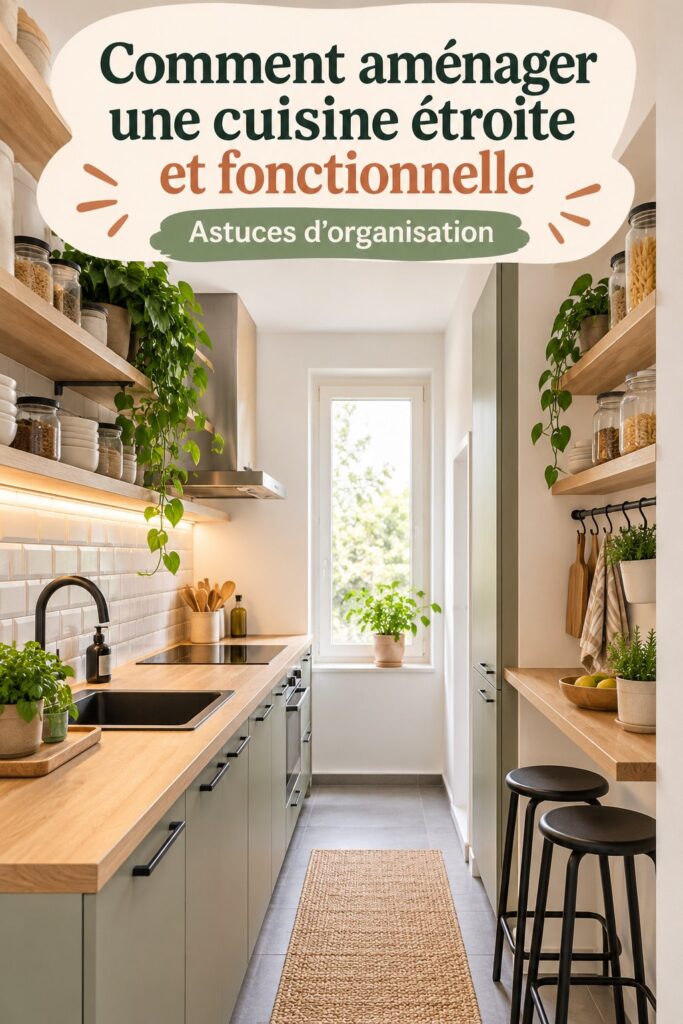 Cuisine allongée bien aménagée et décorée avec style.
