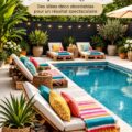 Espace piscine luxueux et accueillant avec mobilier élégant et plantes décoratives