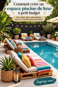 Espace piscine luxueux et accueillant avec mobilier élégant et plantes décoratives