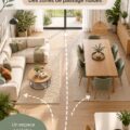Aménagement d'un salon-salle à manger chaleureux et accessible, avec des meubles adaptés.