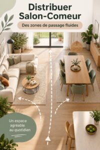 Aménagement d'un salon-salle à manger chaleureux et accessible, avec des meubles adaptés.