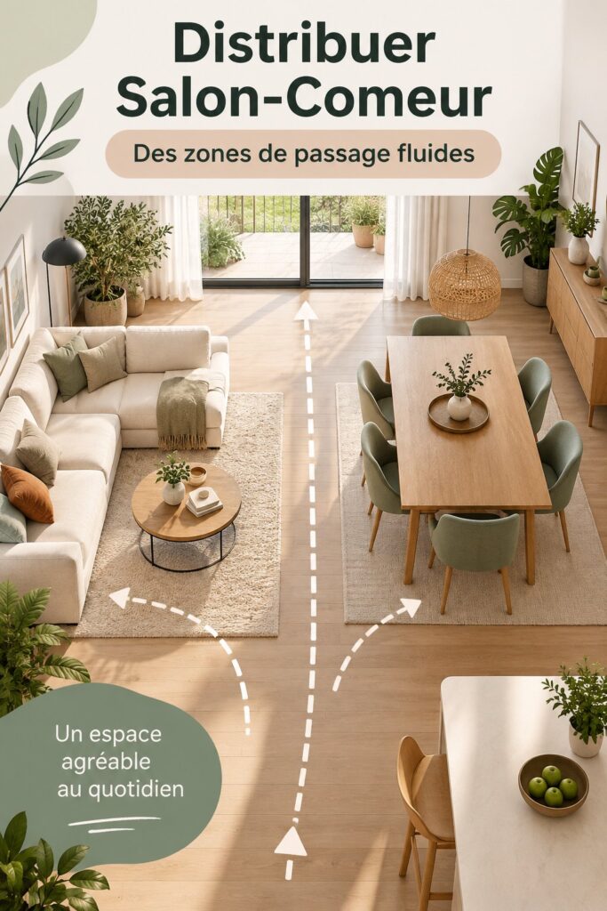 Aménagement d'un salon-salle à manger chaleureux et accessible, avec des meubles adaptés.