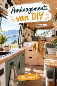 Un intérieur d'un van aménagé avec des meubles pratiques et chaleureux
