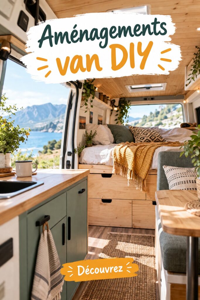 Un intérieur d'un van aménagé avec des meubles pratiques et chaleureux