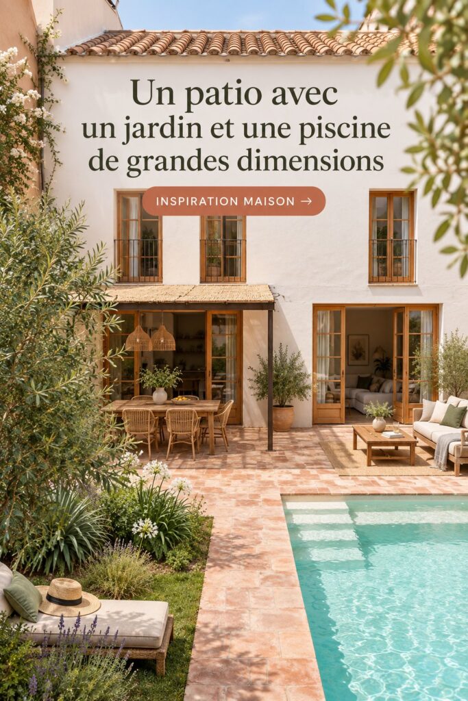 Un patio accueillant avec un jardin et une piscine modernes, conçu pour être accessible à tous.