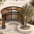 Image d'une belle pergola en bois avec des arbustes fleuris en dessous.