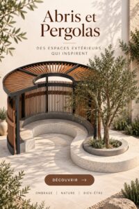 Image d'une belle pergola en bois avec des arbustes fleuris en dessous.