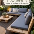 Canapé en palette décoré avec des coussins colorés dans un jardin.