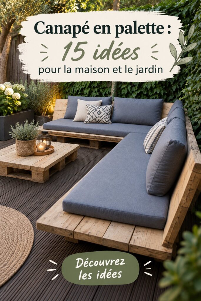 Canapé en palette décoré avec des coussins colorés dans un jardin.