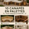 Salon extérieur cosy avec canapé en palettes en bois.