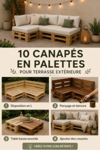 Salon extérieur cosy avec canapé en palettes en bois.