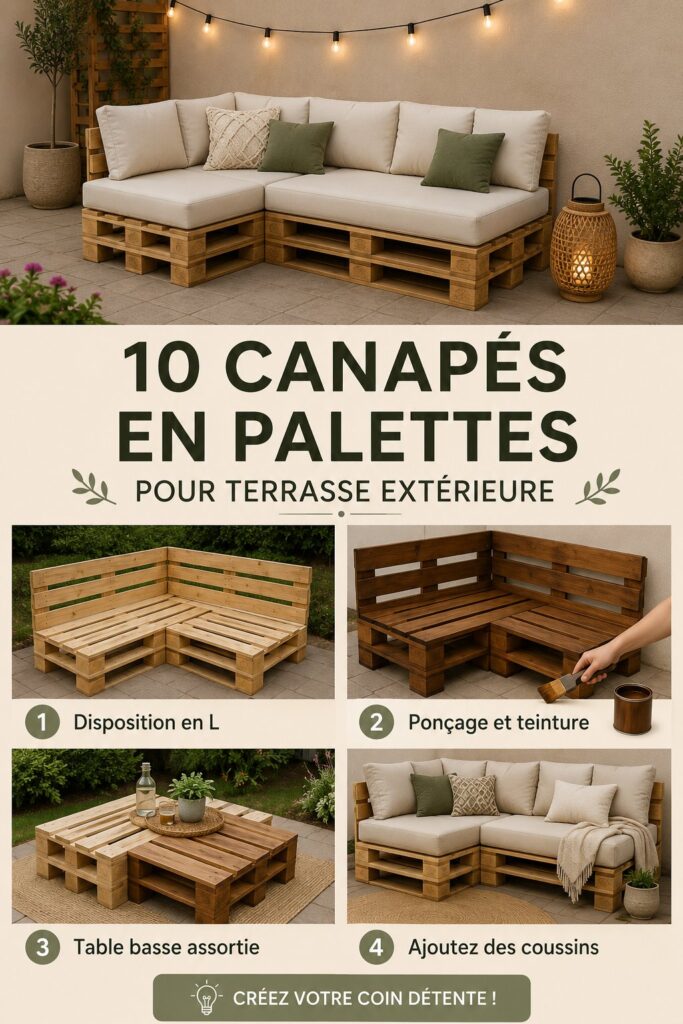 Salon extérieur cosy avec canapé en palettes en bois.