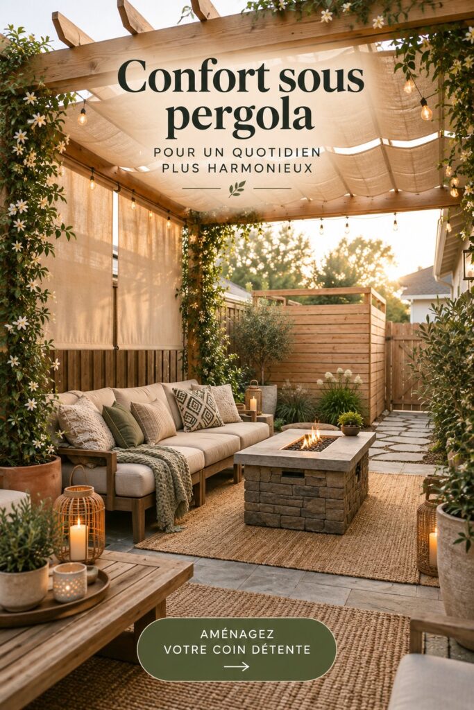 Un patio couvert confortable avec des coussins et des plantes
