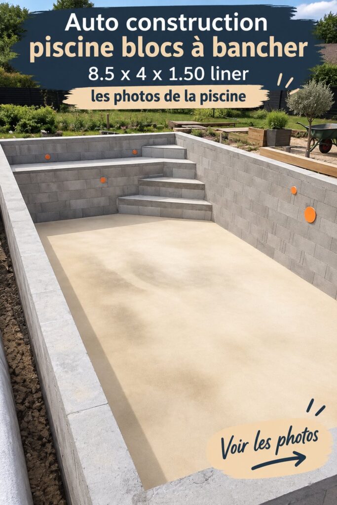 Construction d'une piscine en blocs à bancher dans un jardin fleuri, illustrant un projet DIY accessible.