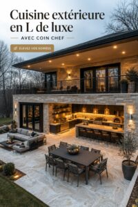 Cuisine d'extérieur élégante avec un coin chef, prête pour l'été.