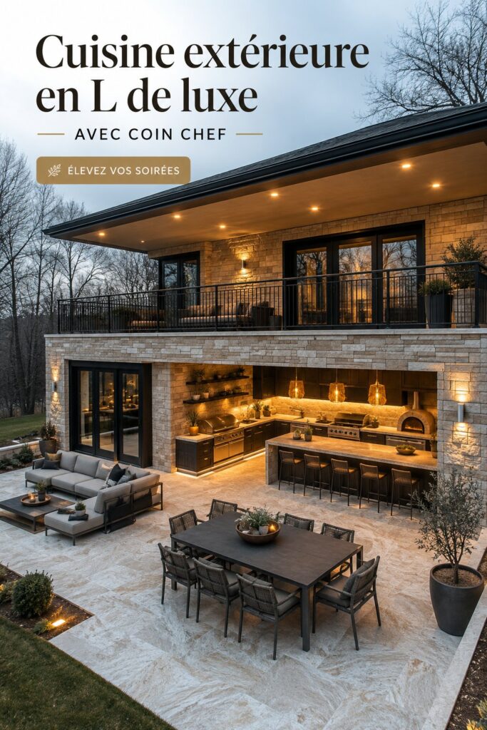 Cuisine d'extérieur élégante avec un coin chef, prête pour l'été.