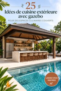 Cuisine extérieure sous gazebo avec un aménagement accueillant et chaleureux