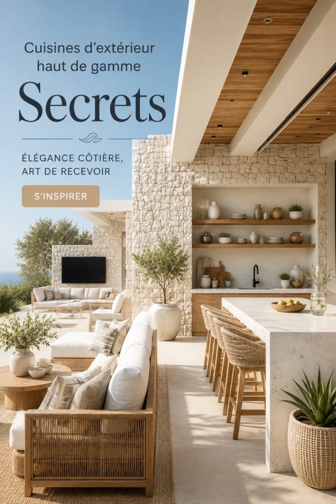 Cuisine extérieure de luxe avec vue sur la mer, décorée avec goût.