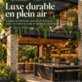 Cuisine extérieure moderne avec une canopy solaire et des détails verts luxuriants.