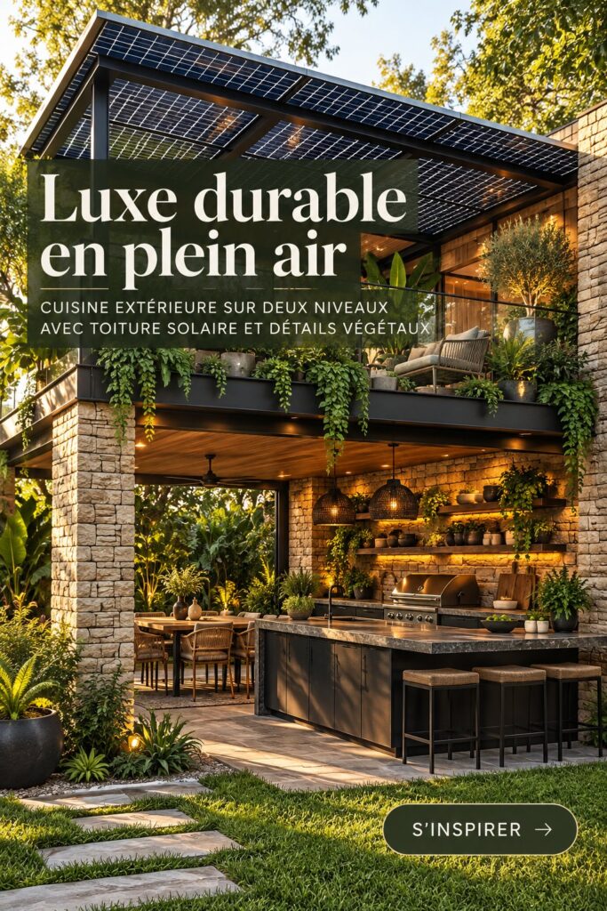 Cuisine extérieure moderne avec une canopy solaire et des détails verts luxuriants.
