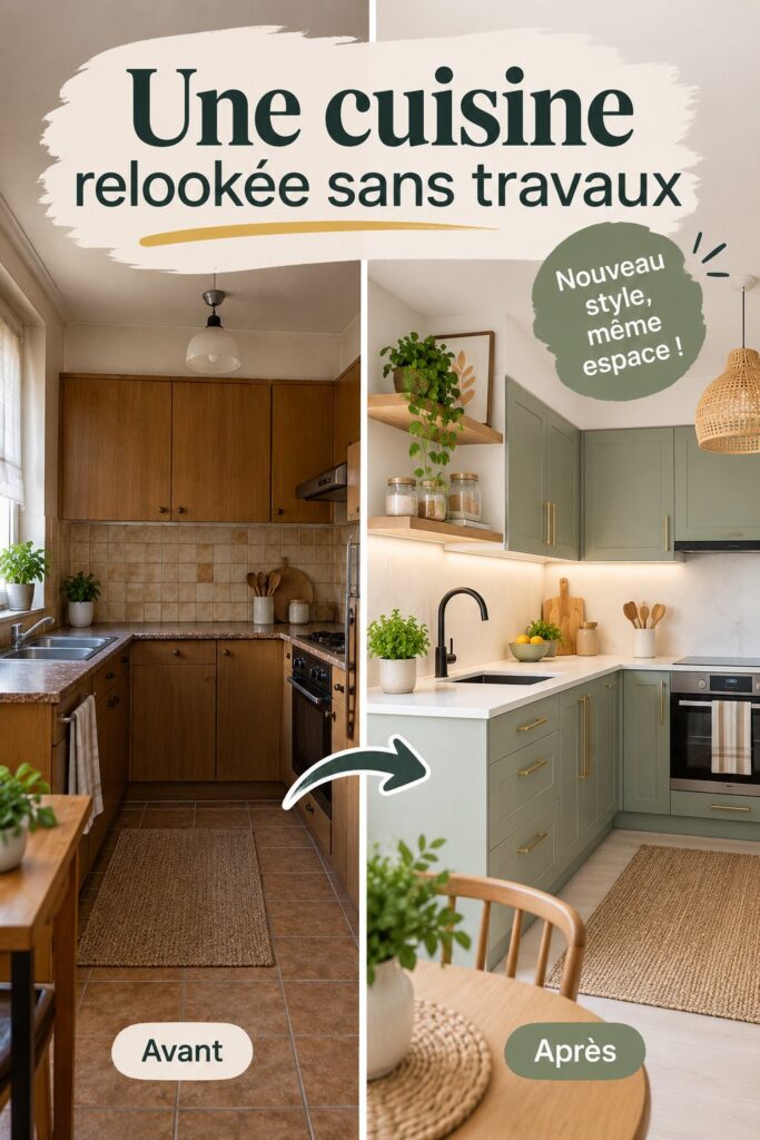 Cuisine modernisée sans travaux, avec des éléments de décoration et mobilier fonctionnels.