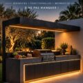 Cuisine d'extérieur moderne avec des meubles accessibles et une décoration chaleureuse.
